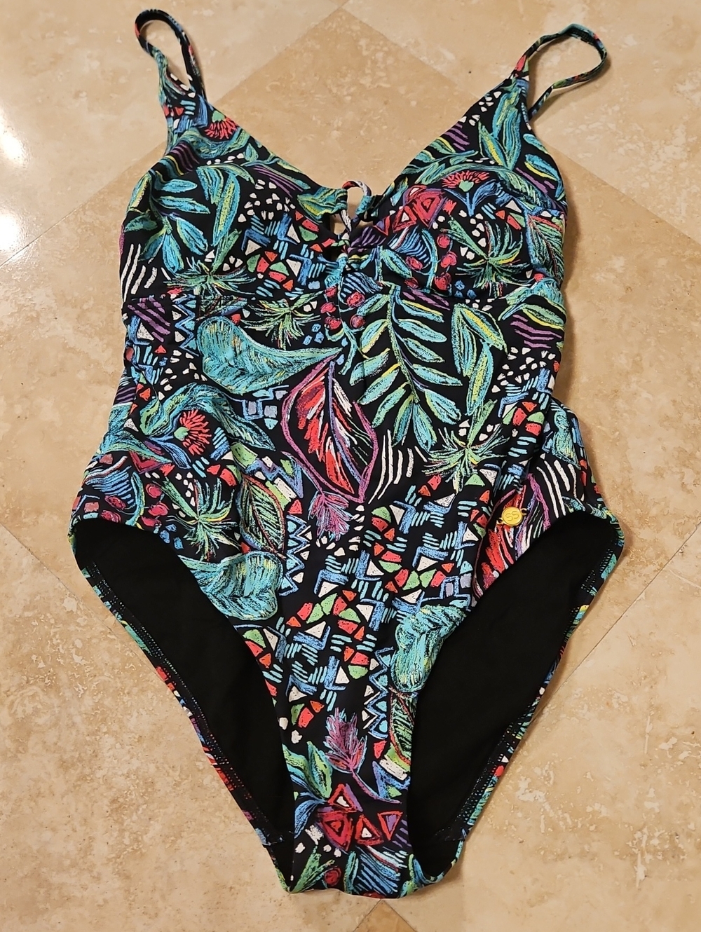 NWOT Women's Tropical Leaf Print One-Piece Swimsuit - Black w/Multicolor Accents